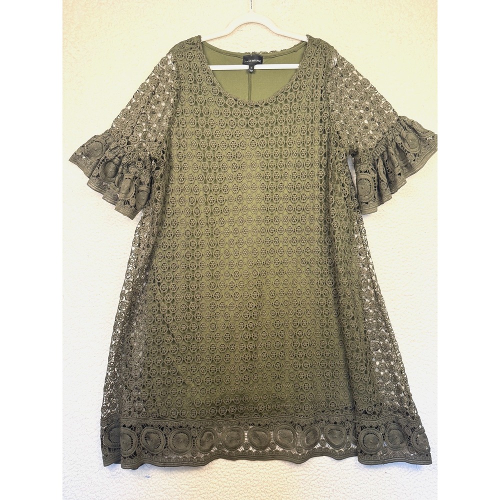 Lane Bryant Dress Womens 20 Green Lace Crochet Bell Sleeve Shift Cottagecore